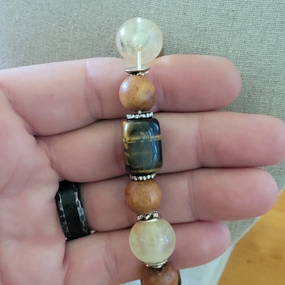Chunky Tigers Eye Wood Bead Stretch Bracelet Marbled Glass 43g Vtg